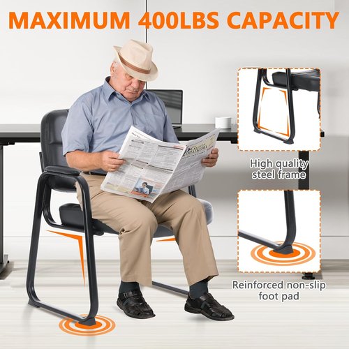 CLATINA Big & Tall Waiting Room Guest Chair Set - 400 lbs Capacity, Leather, Black, Padded Arms