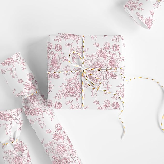 JarThenaAMCS Floral Wrapping Paper Mini Roll 17in x 32.8Ft Pink White Flowers Gift Wrap Paper for Birthday Wedding Baby Shower Party Wrapping Supplies