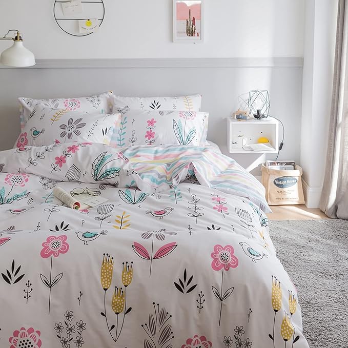 HighBuy Floral Duvet Cover Twin Bedding Set 3 Piece White Bedding Sets Cotton Garden Boho Aesthetic Comforter Cover for Boys Girls Kids Reversible Striped Bedroom Collections,Style03