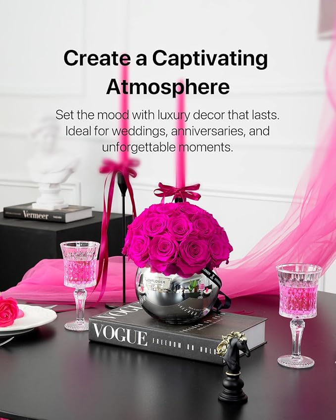 JoyFlower Preserved Flowers Vase Glass Decor, Eternal Flower Vases for Centerpieces, Forever Flower Decorations for Party Home Wedding Table Living Room Bedroom, Preserved Roses Glass Vase House Decor