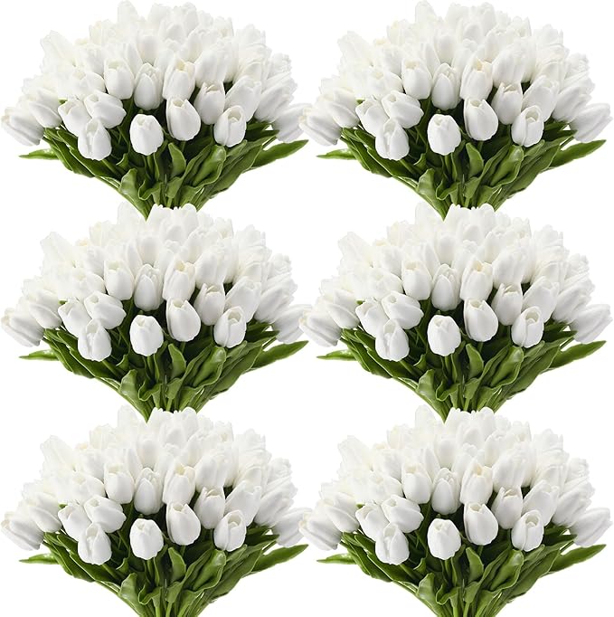 Janinka 60pcs Artificial Tulip Flowers Fake PU Tulips Faux Latex Bouquet Flower Centerpieces Arrangement Floral for Mother Day Wedding Spring Decorations (White)