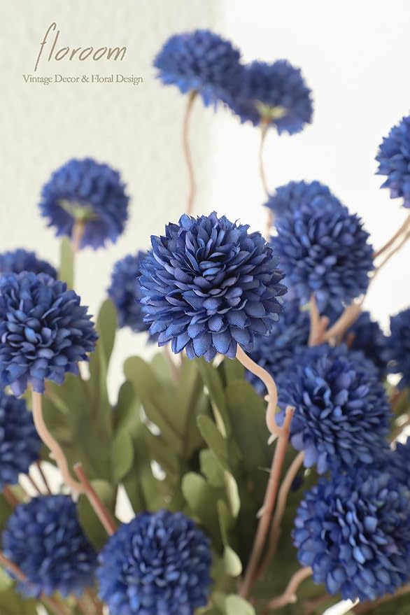 Floroom 5pcs Royal Blue Faux Silk Mums Artificial Flowers, Bulk Fake Small Mini Chrysanthemums with Stems for DIY Wedding Centerpieces Floral Arrangements Vase Fillers Home Decorations