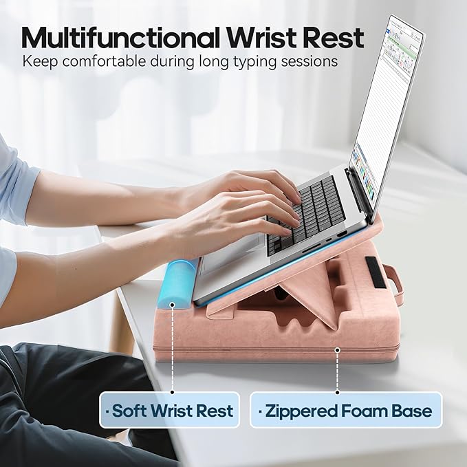 Laptop & Tablet Desk for Lap with Cushion, Computer Lap Desk Laptop Pillow for Couch, Bed, Car, Adjustable Computer Pillow Stand As Carrying Case for up to 15'' PC/Mac, Tablet, iPad, Kindle, Pink