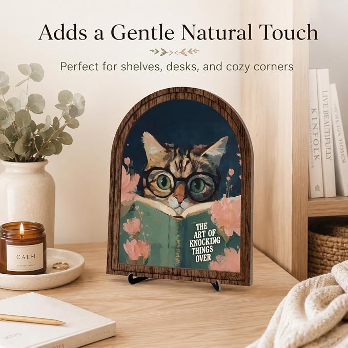 Funny Bird Decor Arched Wood Frame Tabletop Sign, Vintage Reading Bird Art Decor with Stand, Rustic Shelf Desk Mantel Accent for Bathroom Office Home