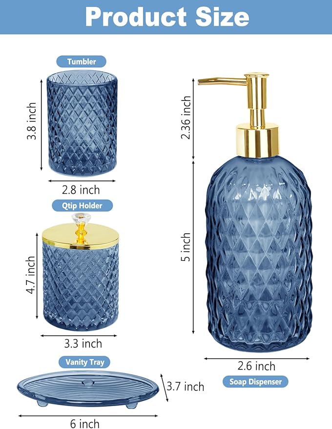 Haturi Blue Bathroom Accessories Set, 4Pcs Glass Bathroom Accessory Set Complete w/Lotion Soap Dispenser, Toothbrush Holder, Qtip Holder, Soap Dish, Blue Bathroom Decor Sets, Gift for Home Apartment