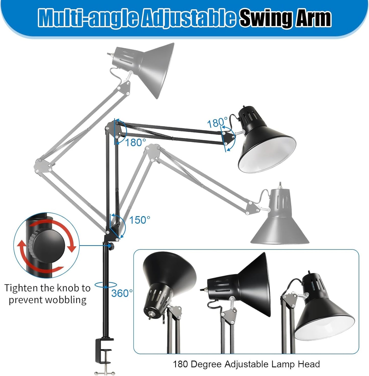 Skiennix LED Desk Lamp - 360° Adjustable Swing Arm | Eye-Caring Clamp Light for Home Office Reading