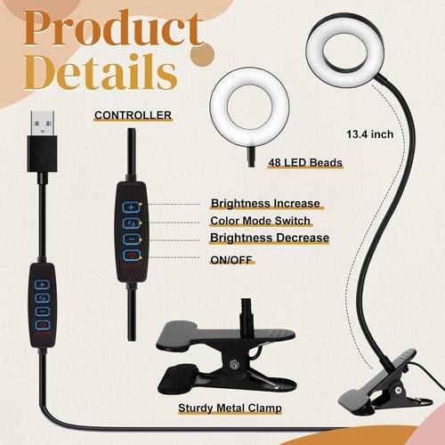 Glooglitter USB Ring Light - 48 LEDs with 3 Color Modes & 10 Brightness Levels | 360° Flexible Neck for Desk & Reading