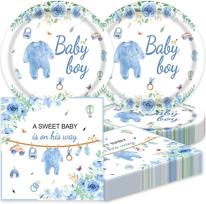 Blue Baby Shower Decorations Blue and White Paper Plates and Napkins Set Party Supplies for Gender Reveal Table Decor 40Pcs Baby Boy Shower Decorations
