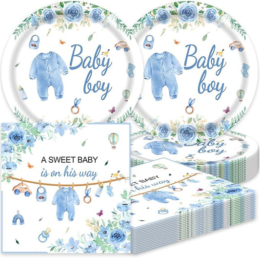 Blue Baby Shower Decorations Blue and White Paper Plates and Napkins Set Party Supplies for Gender Reveal Table Decor 40Pcs Baby Boy Shower Decorations