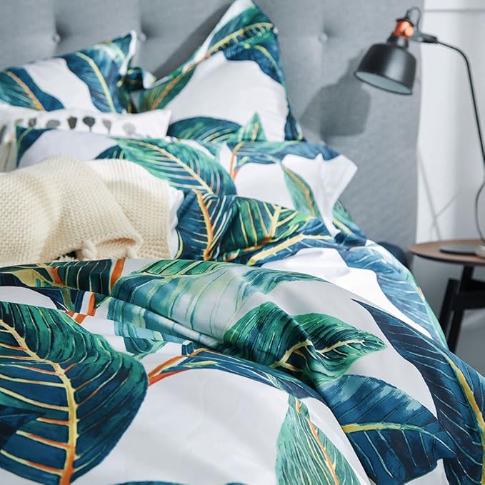 VM VOUGEMARKET King Duvet Cover Set Tropical Leaves Bedding Set,3 Piece Egyptian Cotton Green Quilt Cover with Zipper Closure,Reversible Vintage Printed Luxury Bedding Set-Tropical Leaf,King