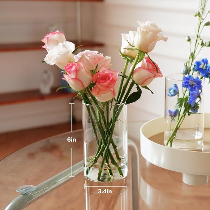12pcs Cylinder Vases for Centerpieces - 6 Inch Tall Glass Vases for Flowers, Hurricane Candle Holder Modern Simple Floating Candle Vase Formal Dinners Home Decor