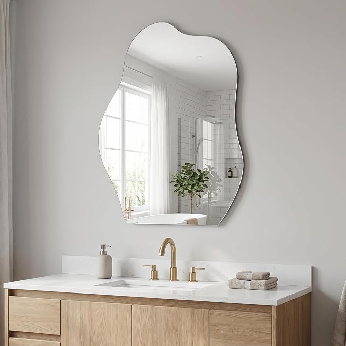 BEAUTYPEAK Asymmetrical Mirror, 22 x 32 Inches Irregular Wall Mirror, Wood Frame Unique Shape Wall Mounted, Decorative for Living Room Bedroom Entryway Hallway