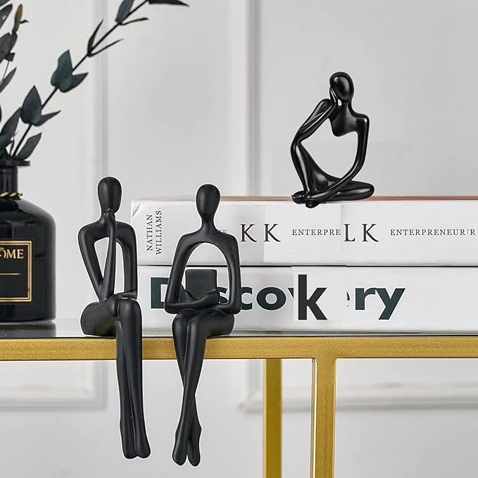 Prettidecor Gold Home Decor Thinker Statue Accents, Set of 3 Thinker Sculptures Office Decor Modern Abstract Resin Decoration on Shelf Table Desk for Living Room Office Bedroom (Black, Small)