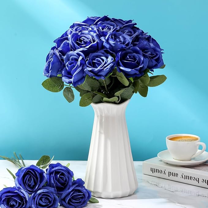 30 Pcs Rose Artificial Flowers in Bulk Real Touch Long Stem Silk Roses Bouquets Realistic Faux Flowers for Wedding Bridal Shower Home Decor Floral Arrangements Table Centerpiece(Royal Blue)