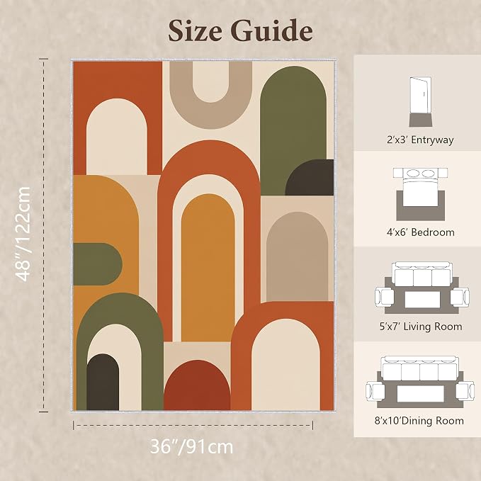 Mid Century Arch Area Rug 3x4, Terracotta Geometric Abstract Rug, Retro Modern Color Block Washable Low Pile Non Slip Rug for Living Room Bedroom