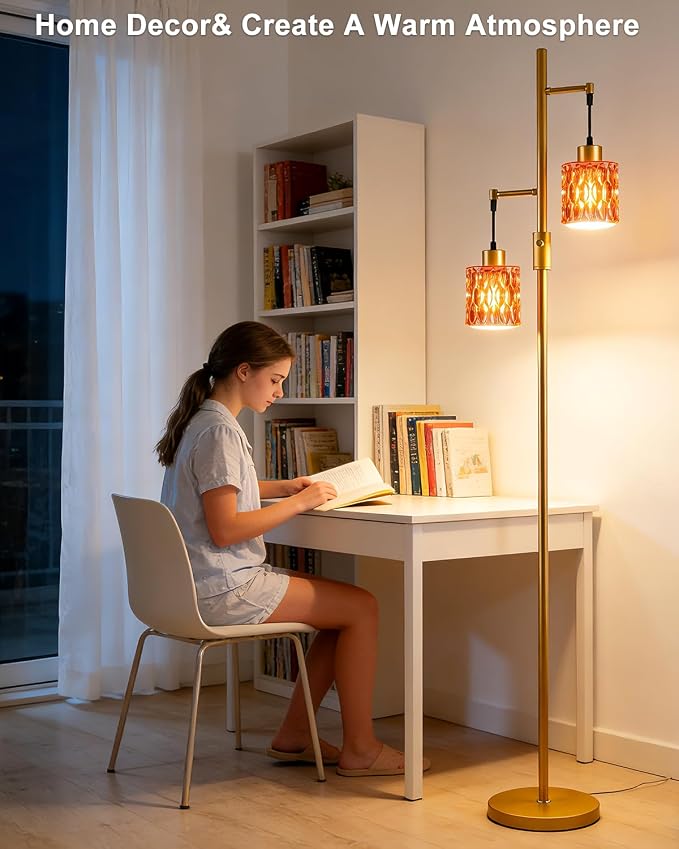 Lightdot 65IN Industrial Gold Floor Lamp for Living Room, 2- Light Deep Red Glass Floor Lamps with Warm White Bulbs, Modern Farmhouse Tree Standing Tall Lamp with 5Lbs Heavy Base for Bedroom