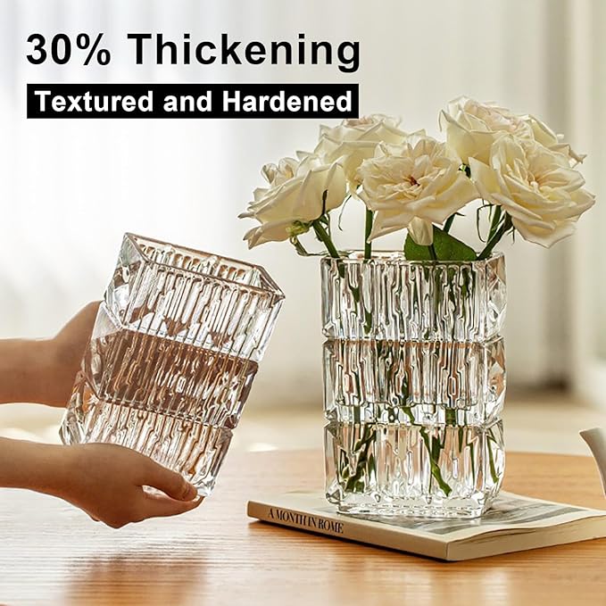 Glass Flower Vase, Clear Crystal Vases for Centerpieces, Heavy Handmade Modern Vases for Decor Home Bedroom Kitchen Office Living Room, 7.88 Inch (Clear)