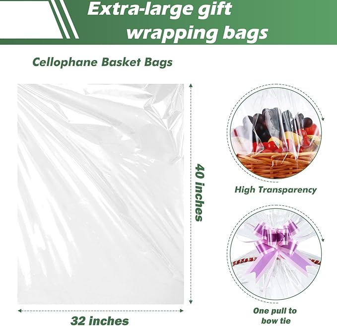 30 Packs 32” x 40” Gift Wrap Cellophane Bags for Basket Extra-large Jumbo Clear Cellophane Wraps Clear Huge Cello Bags for Basket, Gift, Christmas Tree, Treat, Art and Craft, 30ct Purple Ribbon Bows