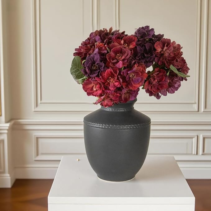 Farmhouse Ceramic Vase for Living Room Bedroom Black 7.45'' Flower Bouquet Vase for Fake Plant Home Decor Office Fireplace Centerpieces Rustic Retro Vintage Modern Gift Decoration