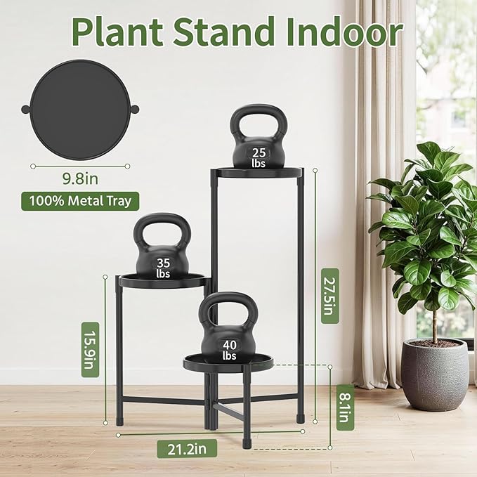 LASZOLA 3 Tier Large Plant Stand Indoor Tall with 10 Inch Metal Tray, Corner Folding Flower Display Rack, Modern Plant Holder Shelf for Outdoor Patio Porch Garden Office Living Room, Black