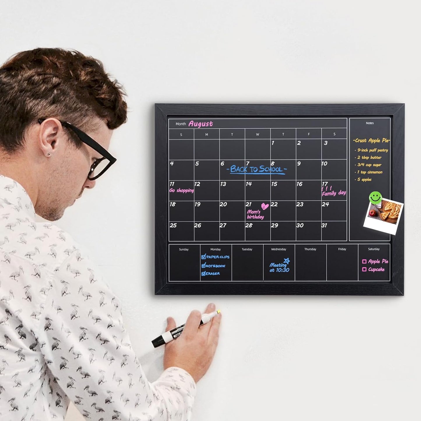 **Skiennix 3-in-1 Chalkboard Calendar - Magnetic Monthly & Weekly Planner | 17x13 Inches with Black Wood Frame**