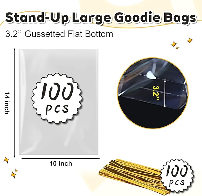 PigPotParty 10"x 14", 100Pcs Bottom Gusset Bags, Clear Plastic Gift Bags, Cellophane Mug Treat Goodie Bags with 100x Twist Ties, Large Party Favor Packaging, Toy Wrapping (No Side Gusset)