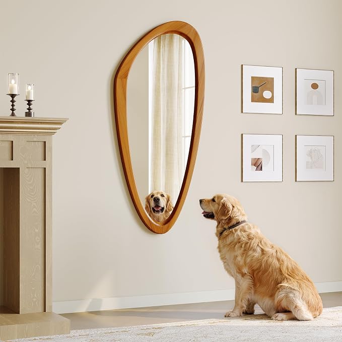Mid Century Modern Mirror, 22x48 Inch Irregular Wall Mirror, Asymmetrical Wall Mirrors Full Length with Pine Wood Frame for Living Room Bathroom Entryway Hangs Horizontally or Vertically
