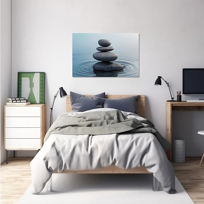 Zen wall art Harmonious grey stones stacked on a calm surface of water Serene Zen decor suitable for tranquil homes and spaces of meditation 8x12in Wood Framed