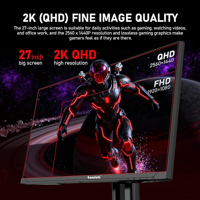 Gawfolk 27 inch 2K QHD(2560×1440) PC Screen, 180Hz Gaming Monitor, 1ms Without Bezel, FreeSync,100% sRGB, 178° Wide Viewing Angle, HDMI2.0 & DisplayPort 1.4, 75 * 75MM Wall Mount Compatible- Black