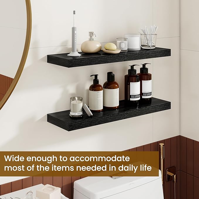 Dreamland 24Inch Floating Shelves for Wall, Rustic Wooden Black Floating Shelves for Bathroom|Bedroom|Kitchen, Deep Wall Mounted Book Shelf, Wood Storage Display Shelf for Home Decor, Set of 2