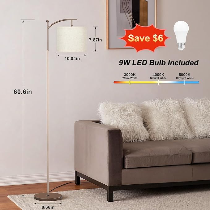 Ambimall 60" Floor Lamp for Living Room with 3 Color Temperatures, Adjustable Beige Shade with Brown Pole, Tall Lamp for Bedroom Office Classroom Dorm Room, 9W Bulb Included