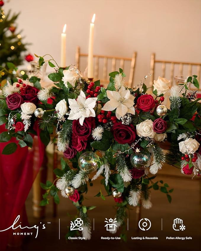 Ling's moment Christmas 9FT Eucalyptus and Willow Leaf Garland with White Flower, Handcrafted Wedding Sweetheart Table Centerpieces Head Table Decor Arch Backdrop Decorations for Wedding | Red & White
