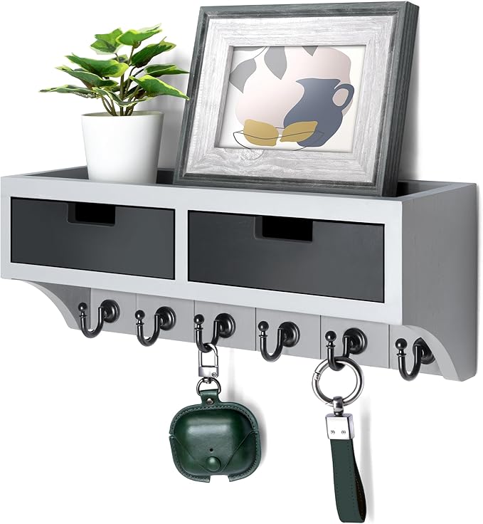 Rebee Vision Key Holder Wall Mount with Drawer Organizer: Mail Organizer for Wall with 6 Key Hooks and Wall Shelf - Apartment Essentials for Aesthetic Room Decor (Gray & Black)