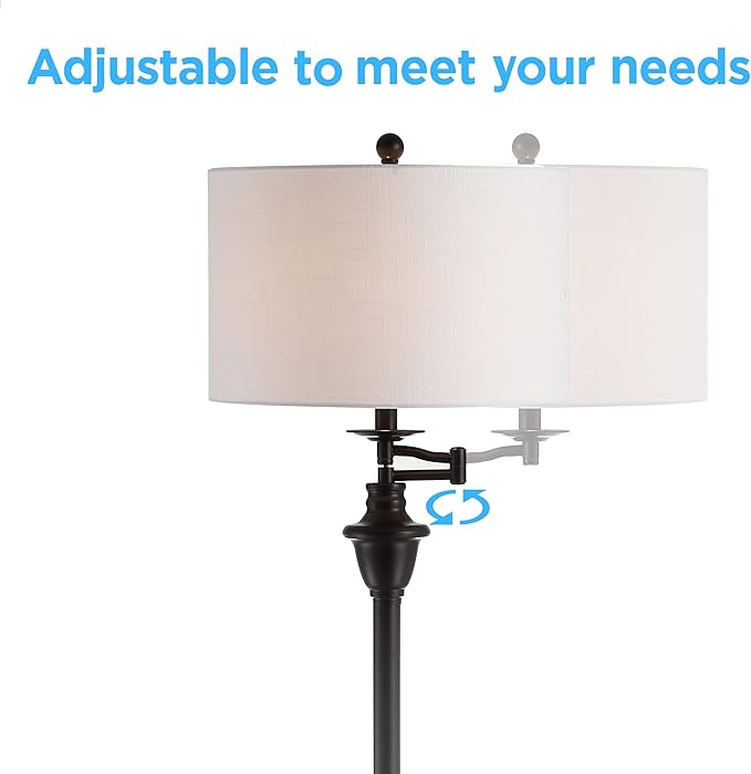 JONATHAN Y 60" Oil Rubbed Bronze Floor Lamp with Integrated Glass Side Table, Modern Swing Arm Standing Lamp for Living Room, White Linen Shade, LED Bulb Included (JYL3055C)