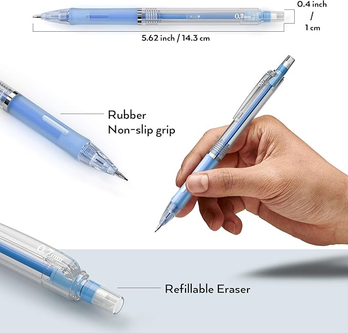 Nicpro 23PCS Pastel Mechanical Pencil 0.5 & 0.7 mm with Case for School, with 12 tubes HB Lead Refills, 3 Erasers, 9 Eraser Refills For Student Writing, Drawing, Sketching, Blue & Pink & White Colors