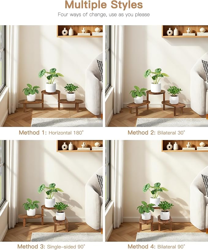 3 Tier Corner Plant Stand Indoor - Adjustable Wood Convex Flower Stand for Small Spaces, Heavy Duty Long Plant Shelf for Living Room Balcony Hallway