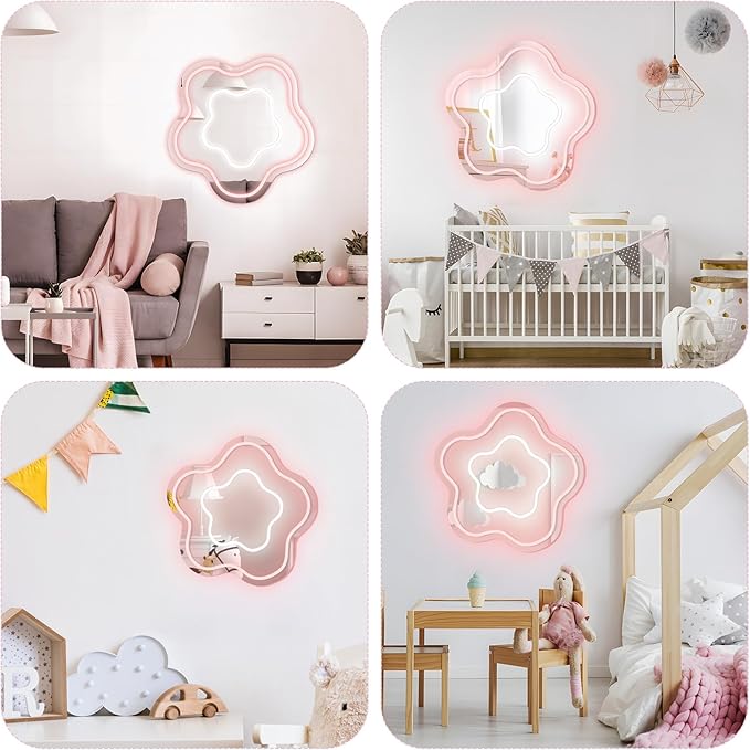 Flower Mirror Neon Sign Dimmable USB LED Neon Lights for Ideal Home Decor for Bedroom, Kidsroom, Living Room Parties, Christmas Birthdays Gifts for Girls Women, Boho Mirror Wall Sign Art Gift