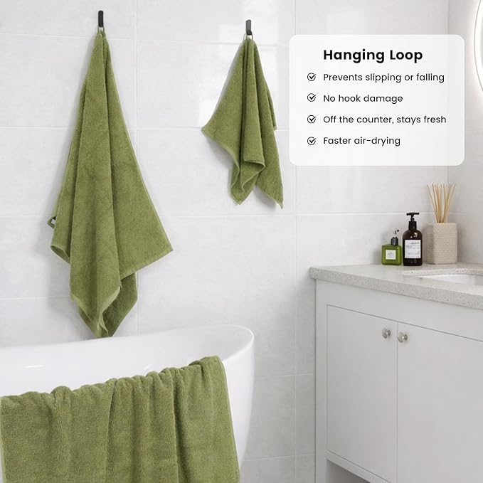 SEMAXE Bath Towel Set, 8 Piece Towel Set for Bathroom, Quick Dry Cotton Towels with Hanging Loops, Easy Care, Green