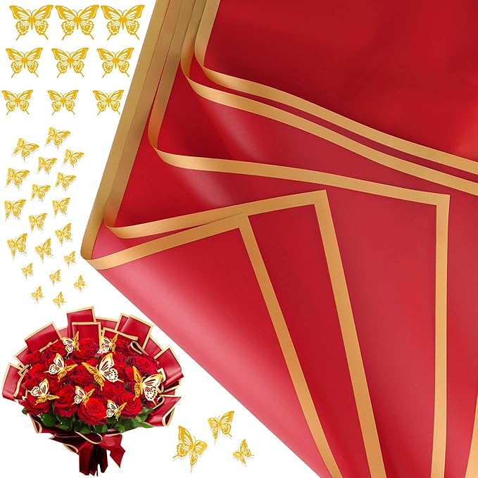 cridoz 20 Sheets Flower Bouquet Wrapping Paper with 12 Pieces Gold Butterfly Decorations for Flower Bouquets, Gift Wrapping(Red)