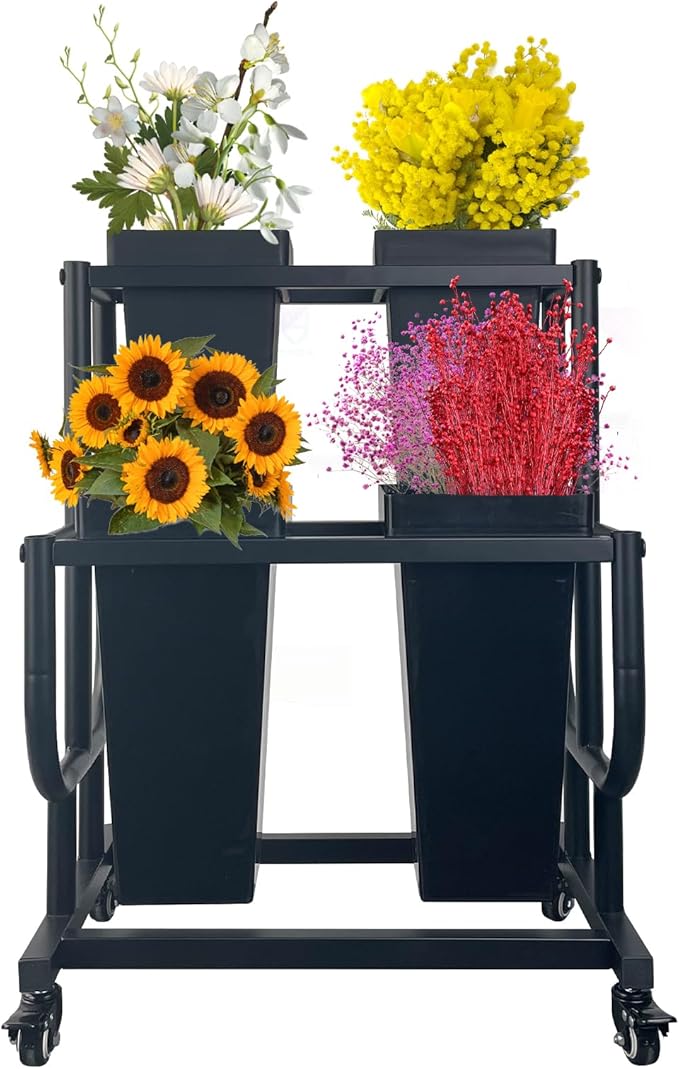 Tongmo 2-Tier Flower Display Stand with 4 Buckets - Movable Plant Cart for Heavy Duty Flower Rack - Perfect for Flower Shops, Homes, Cafés, and Offices (2-Tier with Bucket)