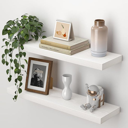 Heimlove 24 Inch Floating Shelves for Wall,Mounted Storage Wood Shelves with Invisible Brackets Hanging Shelf for Bedroom,Living Room,Kitchen,Office,Set of 2,White