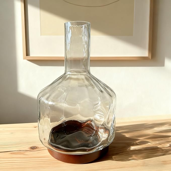 Clear Glass Vase Flower, Rippled Flower Vases with Wooden Base, 10-inch Modern Round Vases, Suitable for Living Room, Dining Room...