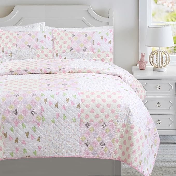 Cozy Line Home Fashions Pink Blue Green Heart Polka Dots Girl 100% Cotton Reversible Quilt Bedding Set, All-Season Coverlet, Bedspreads (Helaine Patchwork, Twin-2 Piece)