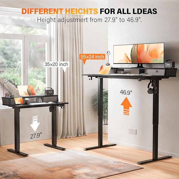 Electric Standing Desk with 2 Drawers 55''x 24'' Adjustable Height Sit to Stand Up Desk with Storage Shelf, C-Clamp Mount Compatible Black Home Office Desks Computer Gaming Table Ergonomic Workstation