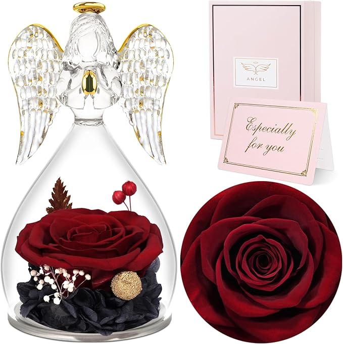 Sunia Preserved Flower Rose Gift for Women - Mother's Day Birthday Gifts for Mom Wife Grandma, Glass Angel Figurines Forever Real Roses Gifts for Her Valentine Day Thanksgiving﻿ (Redwine)
