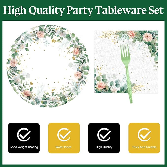 72 Pcs Floral Paper Plates and Napkins Party Supplies, Sage Green Disposable Tableware Set for Spring Summer Picnic Wedding Birthday Baby Shower Tea Party Decorations, Serves 24