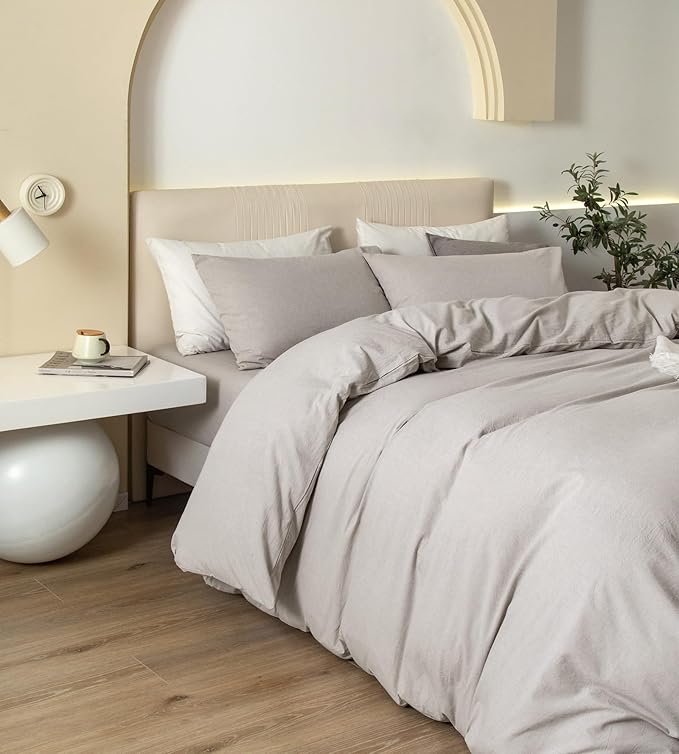 JIYUAN 100% Washed Cotton Duvet Cover Set 2 Pieces Twin, 1 Duvet Cover 68x90 Inches(Comforter Not Included) and 1 Pillowcases,Linen Feel Bedding Set Comfy and Breathable, Heathered Cream Grey