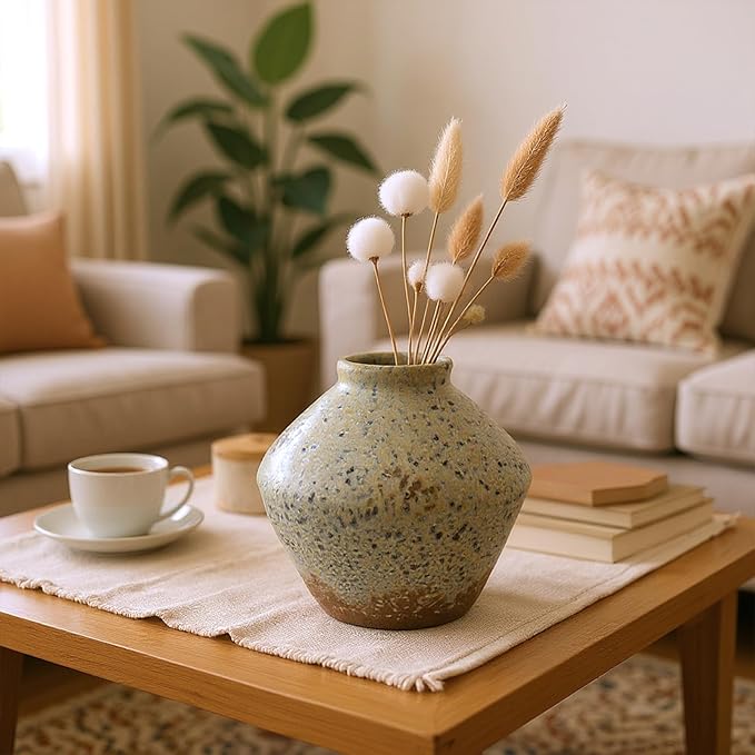 Ceramic Rustic Farmhouse Decor, Pottery Decorative Flower Vases, Boho Vase for Centerpieces,Office, Living Room, Dining Table, Entryway, Shelf, Mantel(Height 6.7 inch-Blue Ink)