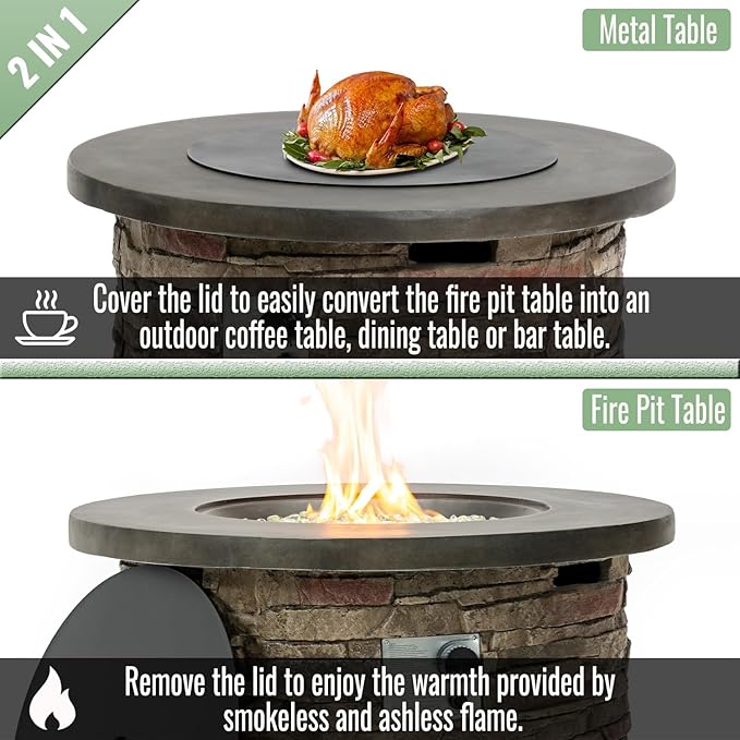 36-Inch Round Outdoor Fire Pit Table, Light Grey Stone Concrete, Modern Contemporary Style with Hidden Tank Storage (Light Grey, One Size)