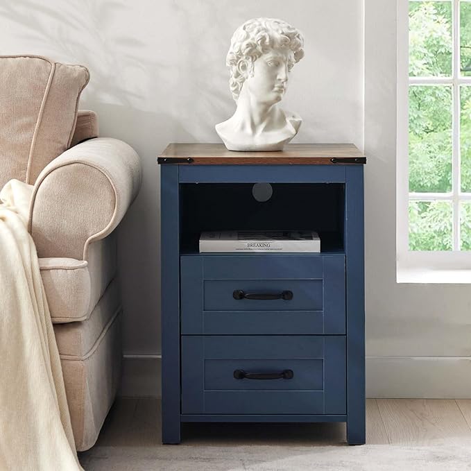 Farmhouse Night Stand, Rustic Blue Nightstand for Bedroom, End Tables Without Charging Station, Bedside Table with Drawers, Wood Bedside Cabinet Dresser